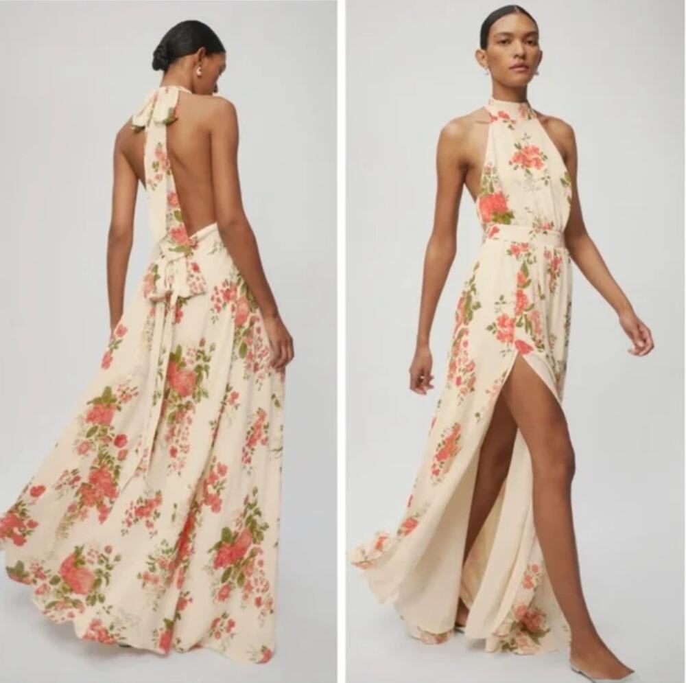NWT Reformation Andee Dress corsage pink floral print halter gown Maxi Sz S 4